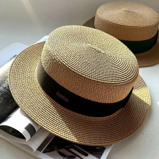 ALBINELE新款草帽女春夏日系平顶礼帽可调节法式英伦遮阳防晒出游百搭海边 卡其-黑色带 M(55-60CM)可调节