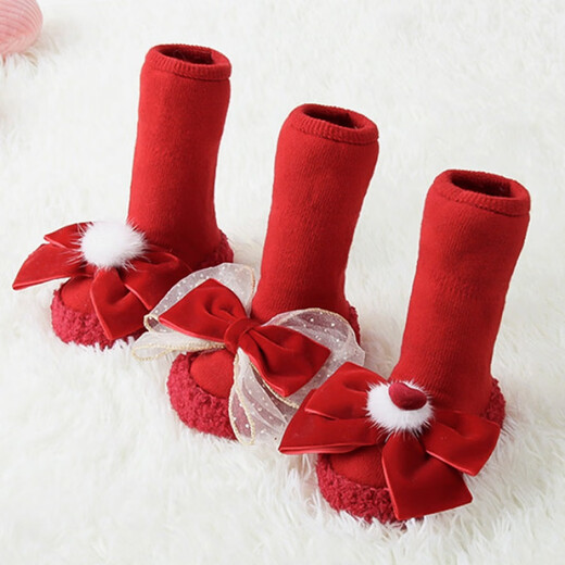 Midur Autumn et hiver bébé fille de protection des pieds de protection des chaussures épaissies de bébé chaude chaussures de bébé arc princesse avec de grosses chaussures de tout-petit de semelle douce rouge (chaussures de chaussettes rouges) 12 m de longueur intérieure 12cm recommandés pour juin-décembre