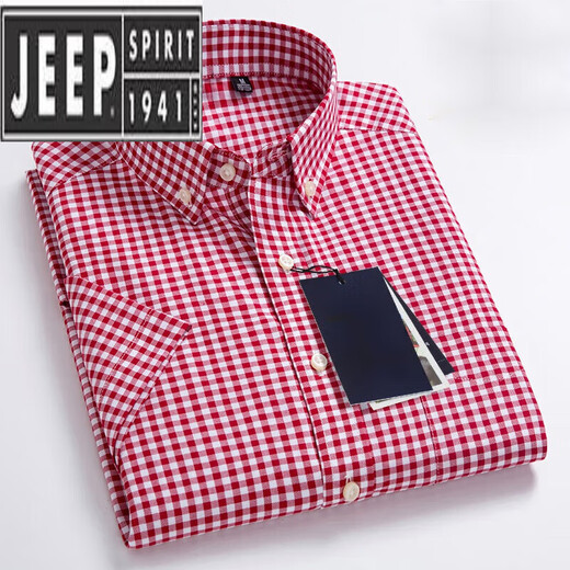 JEEP SPIRIT夏季纯.棉小格子衬衫男短袖薄款韩版修身潮流休闲棉半袖衬衣 绿色 PULO-F983 39
