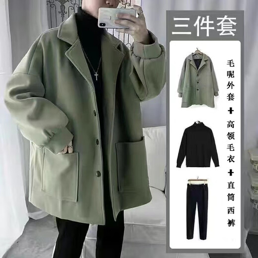 An Chuxia woolen jacket men's casual suit autumn and winter warm fashionable wear matching trendy clothes men's woolen black jacket + German velvet sweater + velvet pants XL recommended 120-140Jin Jin equals 0.5 kg