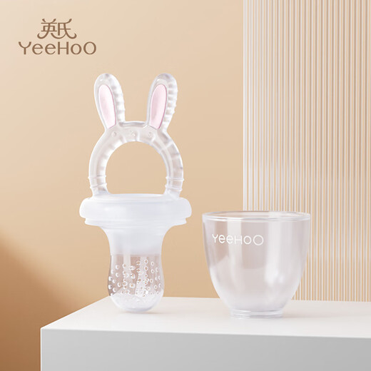 YEEHOO baby bite bag food supplement, children eat fruit and vegetable bite device, baby bite and play molar stick, full silicone artifact, cute rabbit, transparent, 1 pack, large size - 7 months and above