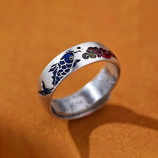 An Feng 999 sterling silver koi enamel ring men's and women's Chinese style silver auspicious cloud ring birthday gift for girlfriend 999 feet