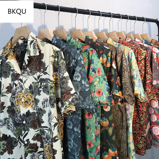 Bkqu2023 Hong Kong Style Vintage Flower Blume kurzärmeliges Hemd männliches Paar Sommer Retro Trendy Brand Kubaner Kragen Hawaiian Loose X675 Black M.