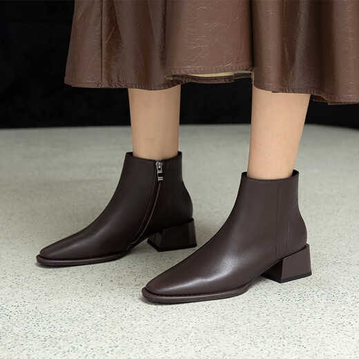
Asacho autumn and winter cowhide single boots for women in women's temperament, slim mid-heel short boots for women ankle boots fashionable women's boots side zipper nude boots black (half-size) 40