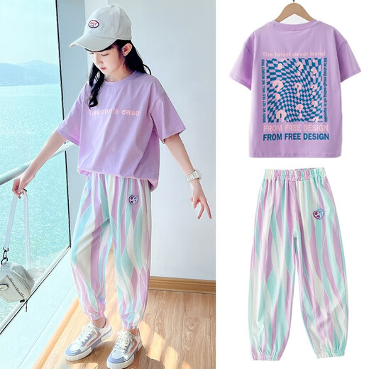 Zhidoudou Summer Girls Set informal Sports Sports Corta de manga corta Summer Summer Deporto Nuevo estilo Medium Large Bard Children's Fin Children's Wothing 5671 Contrast Color +9731 Purple 130 cm