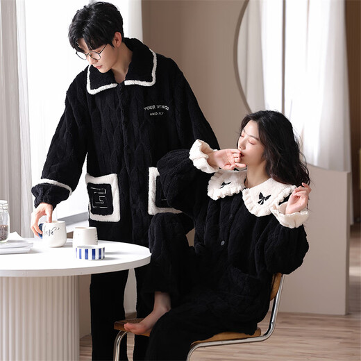 Slim and beautiful couple pajamas for women in autumn and winter coral velvet thickened cardigan loose flannel pajamas pants men's home clothing set M9871 M women