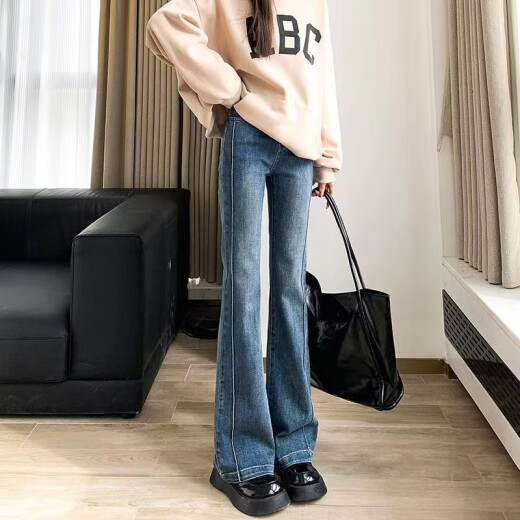 皮尔卡丹（pierre cardin）牛仔裤女春秋新款修身显瘦弹力小个子高腰拖地喇叭裤子女 浅蓝色长裤3882 L