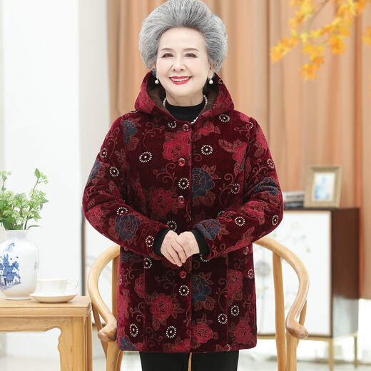 Yu Zhaolin (YUZHAOLIN) Mother's Clothing Winter Middle-aged and Old Women's Clothing 60 and 70 Years Old Grandma Elderly Clothes Grandma Cotton Jacket Down Jacket Red Large Flower 3XL (Recommended 115-125 Jin Jin equals 0.5 kg)