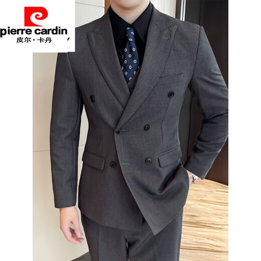 Pierre Cardin suit men's formal suit wedding slim British style business casual double-breasted men's suit jacket new product dark green suit + pants 5XL