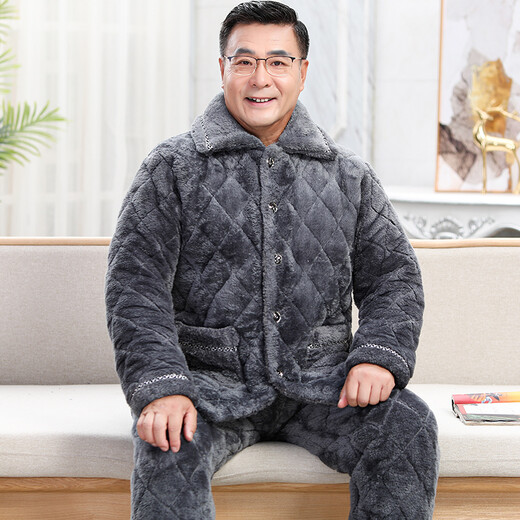 轩朵淇睡衣男冬季加厚加绒珊瑚绒三层夹棉法兰绒爸爸中老年人家居服套装 C9913#黑灰色男【长毛绒】 L(100-120斤)三层加厚