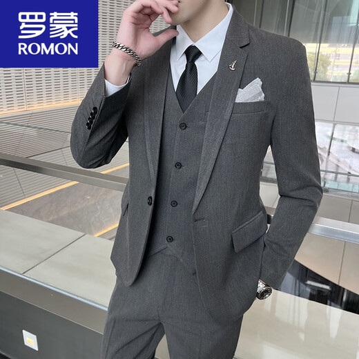 ROMON suit men's three-piece Korean style business casual suit groomsmen groomsmen wedding dress professional formal suit blue one-piece suit tie, belt XL