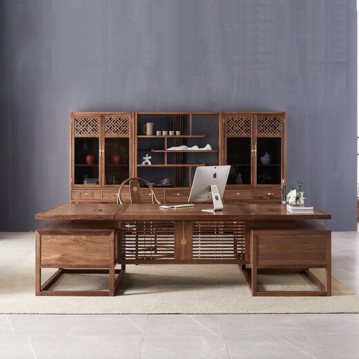 Qunru Chengyu (JEFUISML) new Chinese style solid wood office desk and chair, log boss desk, high-end office furniture, chairman executive desk, president desk, 2.0 meter office desk including side table