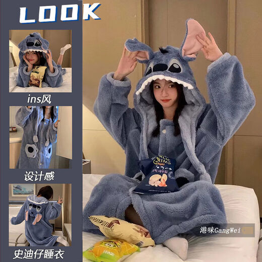 TULX large size pajamas 200Jin Jin is equal to 0.5kg Stitch Cartoon Autumn and Winter Coral Velvet Long Nightgown Couple Internet Celebrity Style Pajamas for Men Blue Stitch Unisex Style 2XL 170-200Jin Jin is equal to 0.5kg High Quality Velvet
