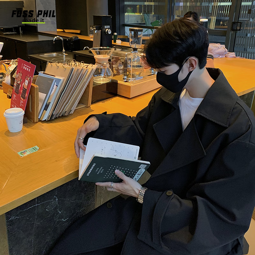 Foss Phil Mantel Herren Herbst und Winter trendige Marke koreanische lose mittellange Windjacke neue Herren DF275 schwarz XL