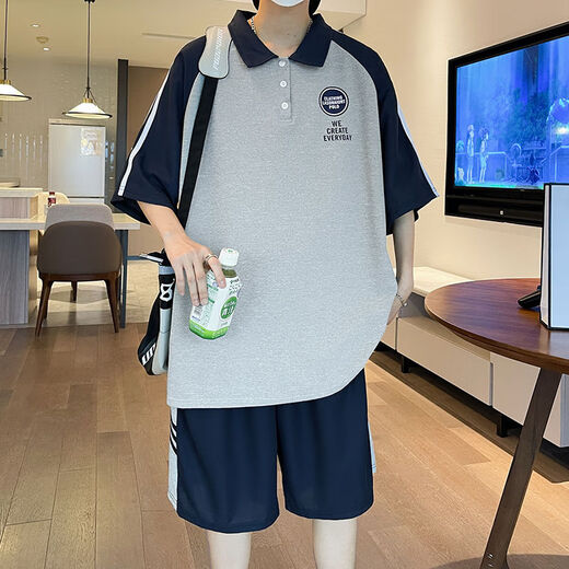 简方位大童男装12岁到15岁短袖中学生T恤夏季POLO衫套装男孩12-15岁青少 5012绿色短袖+短裤 均码  M 70-100斤左右