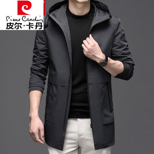 皮尔卡丹（pierre cardin）【易穿搭】中长款风衣男士连帽衫外套春秋季宽松大码运动休闲 黑色 180/XL