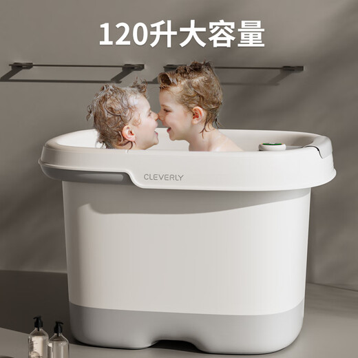 奔麦婴儿游泳桶儿童泡澡桶家用宝宝洗澡盆沐浴桶大号可坐 紫【实时感温 双层加厚】+浴凳