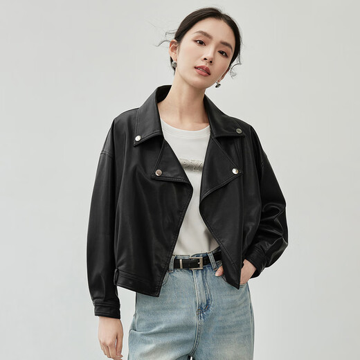 尚都比拉尚都比拉时尚机车风皮衣秋季休闲女士短款外套小个子上衣 黑色 M 