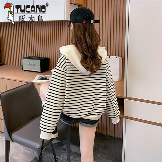 啄木鸟条纹卫衣女连帽2024秋季新款韩版大码宽松设计感减龄百搭长袖上衣 图片色 6625 2XL 125-135斤