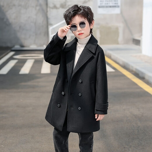 Disney (Disney) Boys Korean Version Thick Woolen Coat Children's Autumn and Winter New Double-breasted Medium-Length Woolen Windbreaker Coat Lake Green Cotton and Thickened Winter Style L-140 Recommended Height 130cm