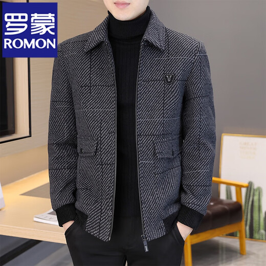 罗蒙（ROMON）羊毛呢子外套男短款秋冬季新款翻领毛呢大衣男士加厚保暖休闲夹克 灰色H856 XL (125-145斤)