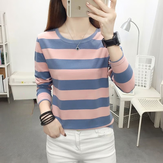 
Kexin 145150 short round neck long sleeve T-shirt for women plaid high-end color woven spring and autumn striped long T-shirt for women K829 ruby ​​blue_(color) L suggestion 106-120Jin[Jin equals 0.5 kg]