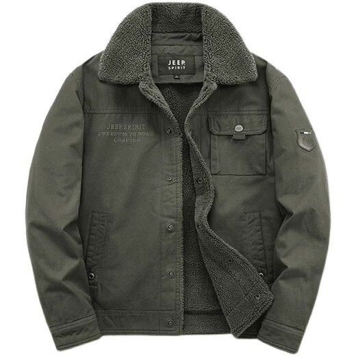 JEEP SPIRIT Jeep Jacket Autumn and Winter Lamb Velvet Cotton Coat Men's Velvet Thickened Casual Loose Cotton Jacket Workwear Cotton Jacket Khaki (Fleet) M 105-120Jin Jin is equal to 0.5 kg
