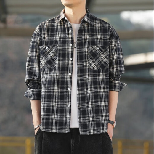 Camisa a cuadros de Miaofulian Spring y Autumn Smanges largas American Retro Men and Women 2024 Nueva camisa de trabajo suelto Tendencia de la chaqueta 12109 Caki One Size M