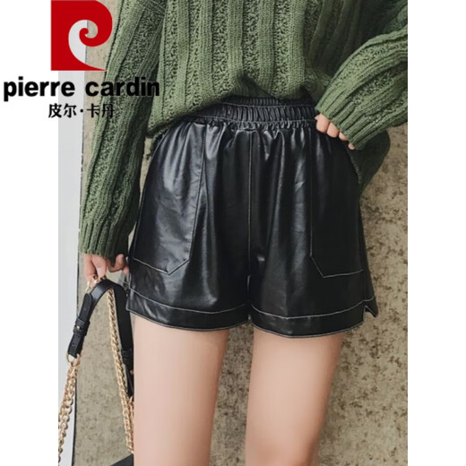 Pierre Cardin Leather Shorts Autumn and Winter Casual Pants Women's Loose Slim Elastic Waist PU Leather Pants Versatile High Waist Wear Wide Leg Pants Boot Pants Flower Bud Style 2XL