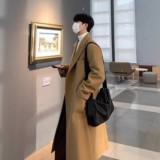 Gxmy autumn and winter new woolen coat men's handsome set of mid-length knee-length woolen windbreaker jacket three-piece set black coat + sweater + suit pants XL