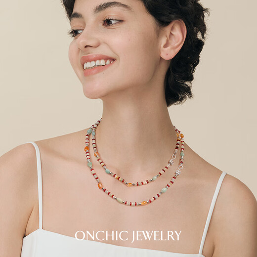 Peiyou star's same colorful necklace for women, natural gemstone agate color beaded necklace, light luxury and high-end sense colorful necklace (agate + topaz)