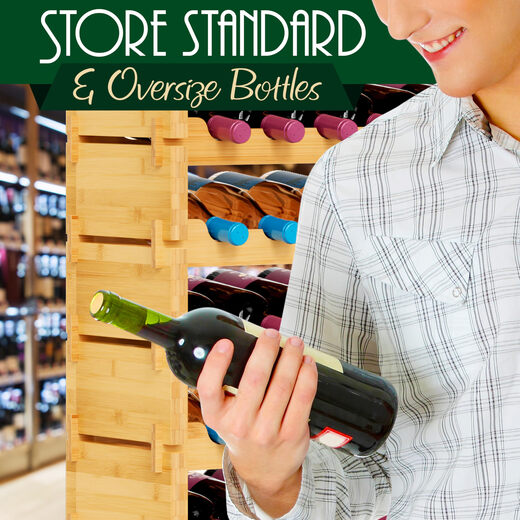 NutriChef bamboo stackable wine rack, 12 layers, 108 bottles, tool-free assembly, modular storage, kitchen and wine cellar storage, 85cm high