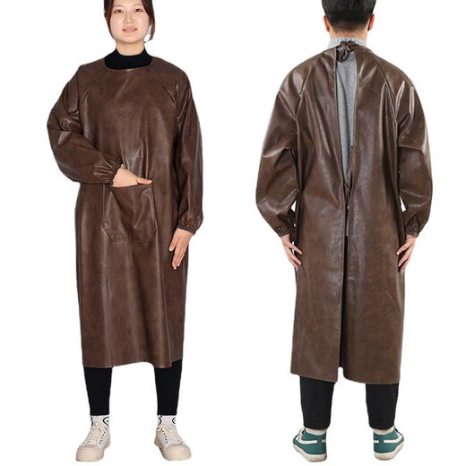 Haizhiqing Extra Thickened Leather Cover Apron Oil-proof Waterproof Dirty-Resistant Long Sleeve Reverse Dressing Farm Work Clothes Aquatic PU Black