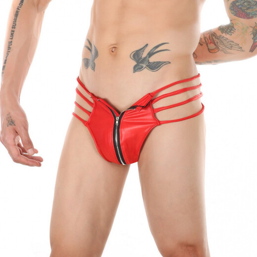 Sexy underwear for men Men's leather hollow thong patent leather sexy underwear imitation leather low waist zipper convenient SM g175 black one size fits S-XXL