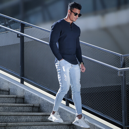 BensonVision sports long-sleeved fitness coach training top running casual slim solid color cotton Henry collar bottoming shirt for men dark blue M