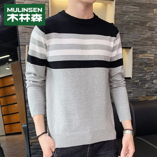 MULINSEN Sweater Men's Trendy Brand Versatile Round Neck Sweater Men's Slim Striped Bottoming Sweater Men's 13F175100110 Gray XL (175/96A)