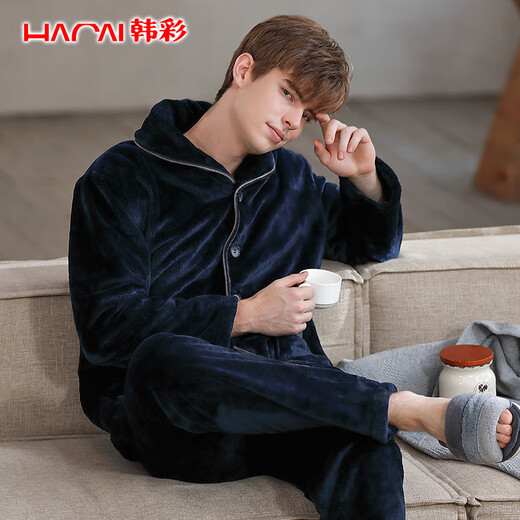Hancai Pajamas Men's Flannel Autumn and Winter Plus Velvet Thickened Cardigan Couple Coral Velvet Men's Home Clothing Set Black Zhangqing 2XL