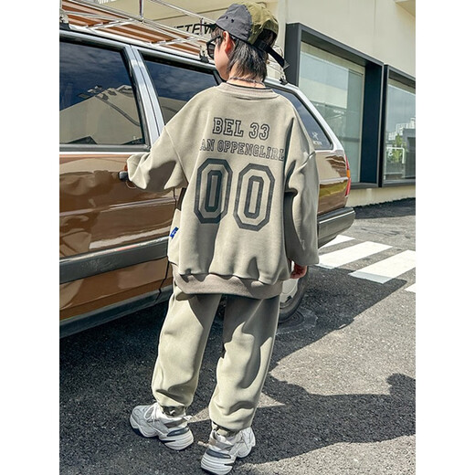 Lordton RUODEDUN light luxury brand children's sports suit men's plus velvet thickened sweatshirt sports suit autumn and winter two-piece set winter clothes boys brown 120cm