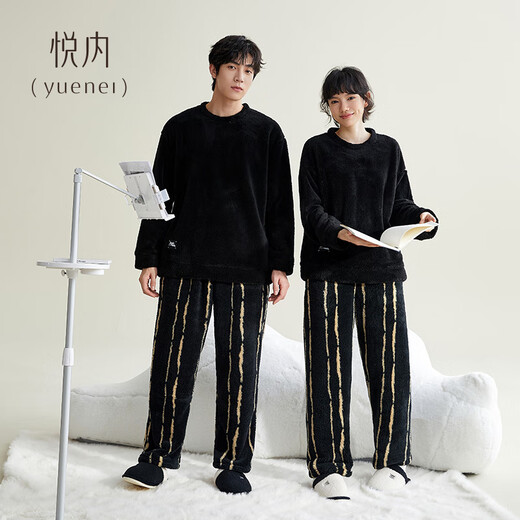 Yuenei Couple Pajamas Women's Autumn and Winter Flannel Thickened Coral Velvet Home Clothing Men's Winter Suit 34006 Reef Black Men's 2XL (Male 160-180 Jin Jin equals 0.5 kg / Female 140-160 Jin Jin equals 0.5 kg)