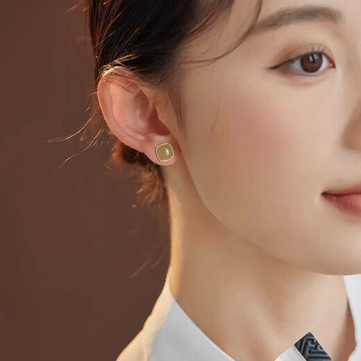 Idel Square Hetian Jade Earrings New Silver Ear Hole Earrings Retro French Earrings Women's Niche Earrings Birthday Gift Hetian Jade Earrings Women E3038