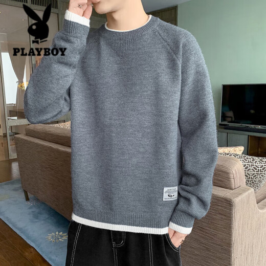 花花公子（PLAYBOY）毛衣男款2024春秋季潮牌上衣服圆领套头针织衫秋冬装日系复古外套 K15044灰色+K16837蓝色 M