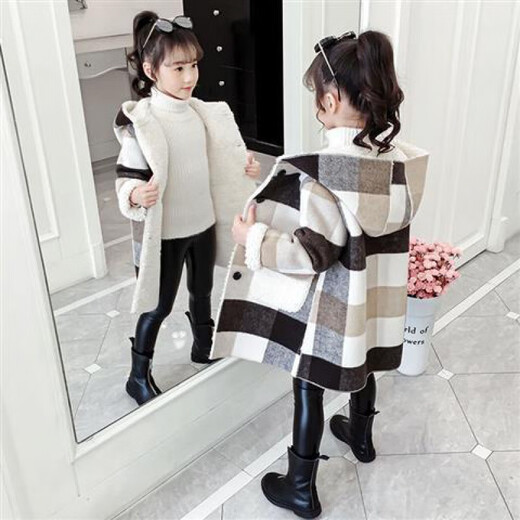 Ainolun Children's Coat Women's Winter Girls' Woolen Coat Autumn and Winter Long Large Children's Clothing Girls' Thickened Woolen Winter Clothes Large Plaid Velvet Thickened Coat (Picture Color) 150 150 Recommended height 140CM