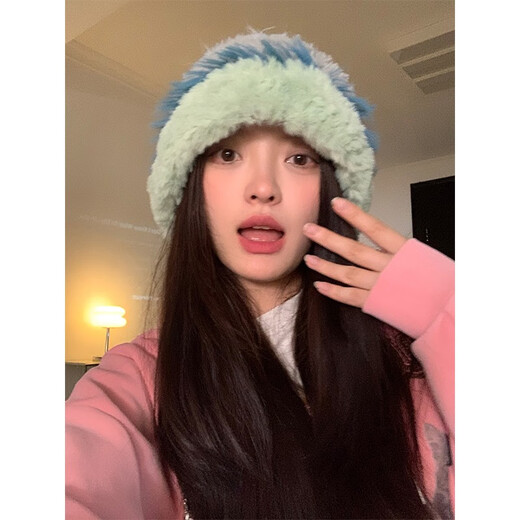 Gorro de punto de felpa engrosada Memaru para mujer, gorro de lana resistente al frío de otoño e invierno, cálido y protector de oídos, que muestra la cara, estilo coreano pequeño, circunferencia de la cabeza grande, gorro de felpa con bloques de color blanco, azul y verde