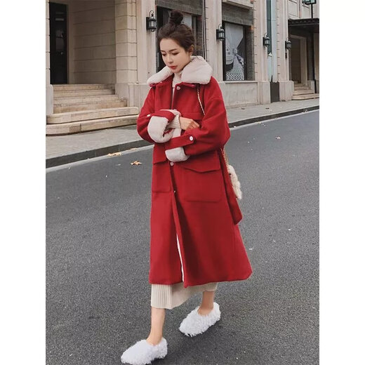 红色毛呢外套女长款2022年新款冬季加绒加厚保暖派克棉服大衣 7895红色 【加绒加厚】 L 建议100-120斤