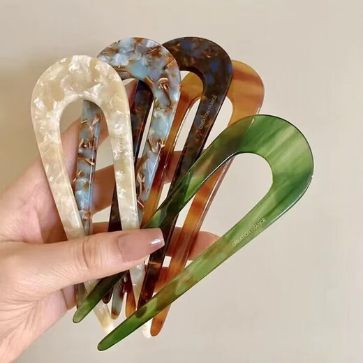 Qianbaolai temperament U-shaped acetate hairpin, high-end retro Chinese style hairpin, simple modern updo, ancient style fashion headwear 3. Colorful blue U-shaped hairpin