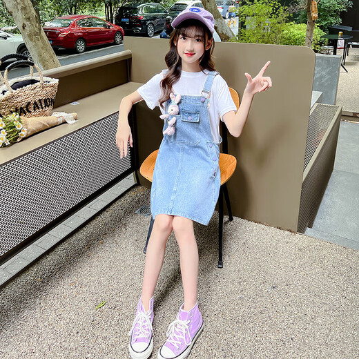 芭菲悦女孩套装夏装款4-15岁女童夏季儿童装短袖牛仔背带裤两件套衣服 套装 160码建议身高145-155cm