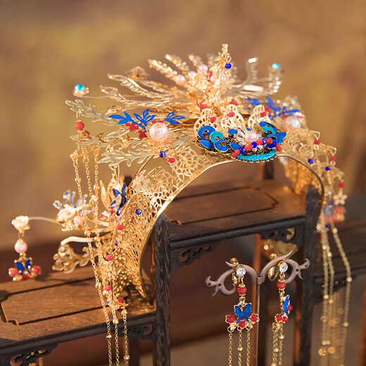 DR-FLVVS phoenix crown headdress Xiuhe step shake Chinese wedding dress Ming Dynasty Hanfu Xiapei bride dragon and phoenix gown diy handmade finished phoenix crown suit (ear clip)