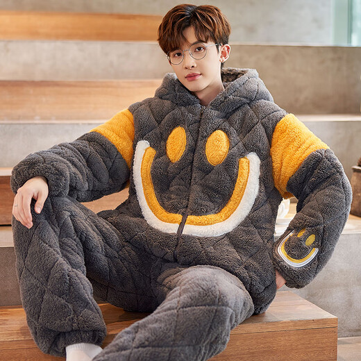 
Junjunsui Dimei pajamas men's winter coral velvet thickened plus velvet three-layer cotton men's winter teenager student home clothing set cotton-BBY683 colored smiley face XL (high 170-175, 130-150Jin [Jin equals 0.5 kg])