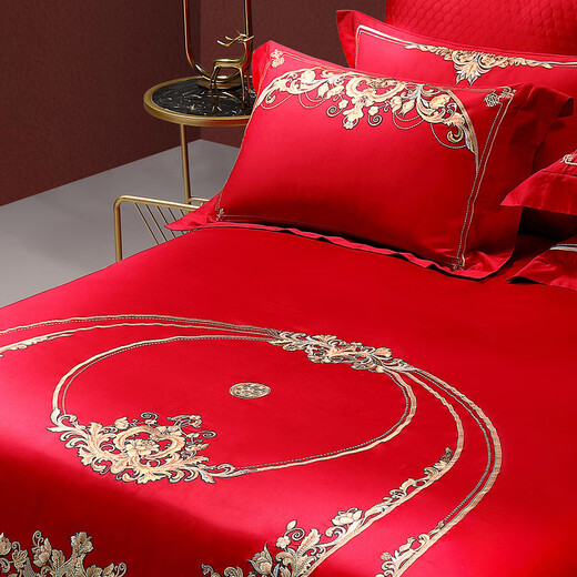 Mercury Home Textile Bed Eight-Piece Set 60 Long Lumber Cotton Wedding Kit Dahong Wedding Bedding Quilt Cover Bedding Pillow Cover Rosa Ring Suitable for 1.8 meters bed, suitable for 220*240cm quilt core