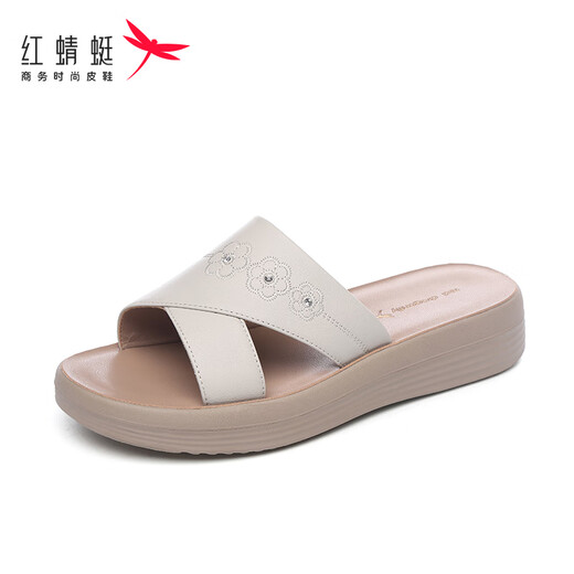 红蜻蜓拖鞋女外穿厚底坡跟罗马凉拖女软底皮面一字拖鞋WTK240742米色37